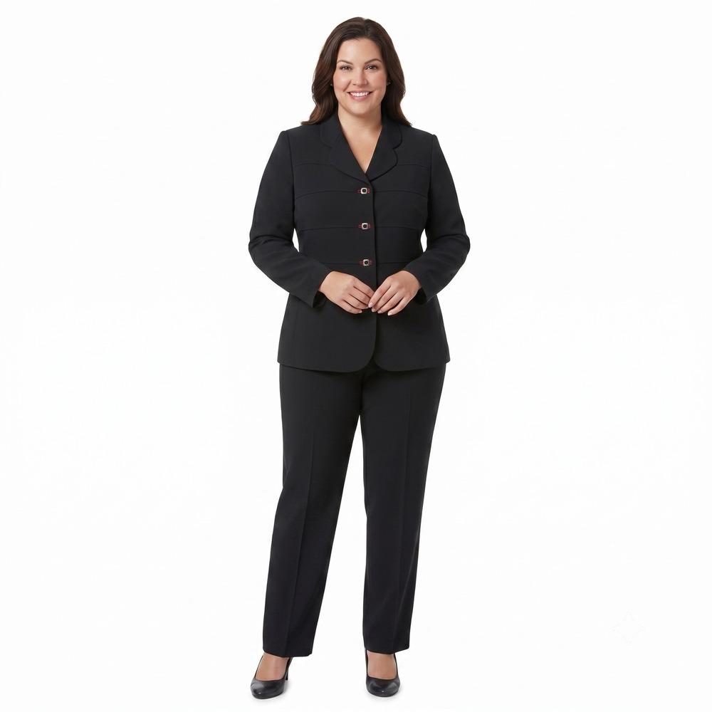 Leslie Fay Womens Black 2 Piece Pant Suit Set Blazer Trousers Career Size 14
